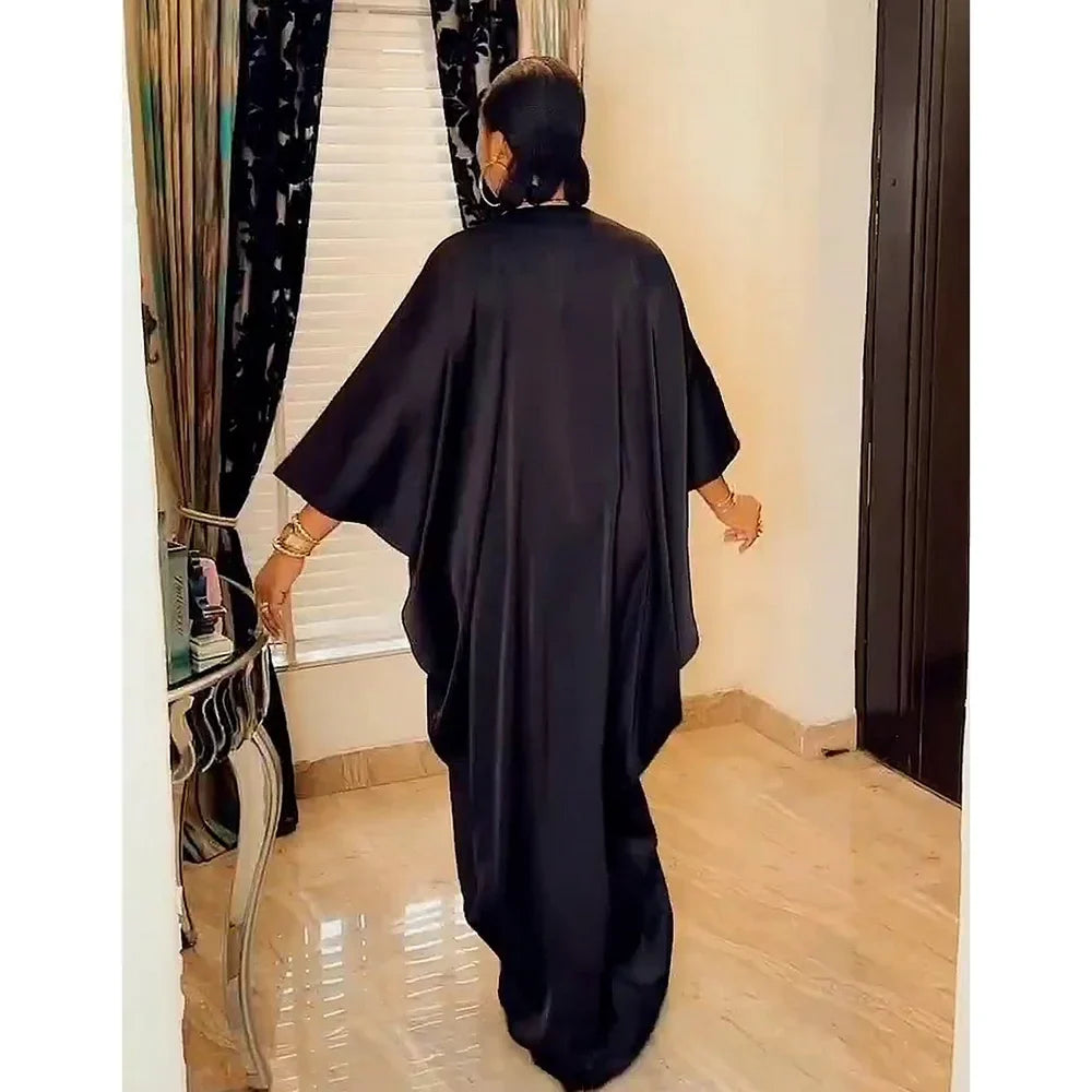 Fashion African Woman Large Size Bat Sleeve Dress Muslim Islamic Style Robe Imitation Silk Hot Fix Rhinestone