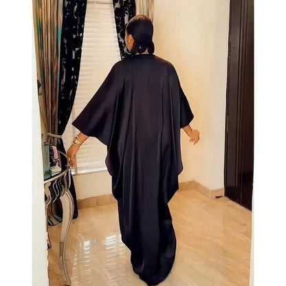 Fashion African Woman Large Size Bat Sleeve Dress Muslim Islamic Style Robe Imitation Silk Hot Fix Rhinestone