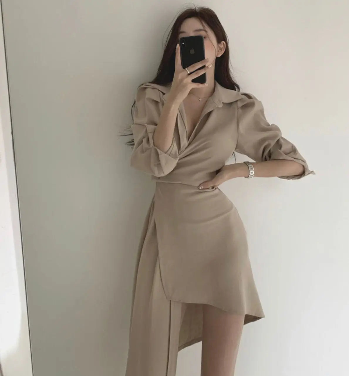 Early Autumn Shirt Dress Women's Mid-Length Asymmetrical Single-Button Notch Collar Slimming Style Commute Fashion