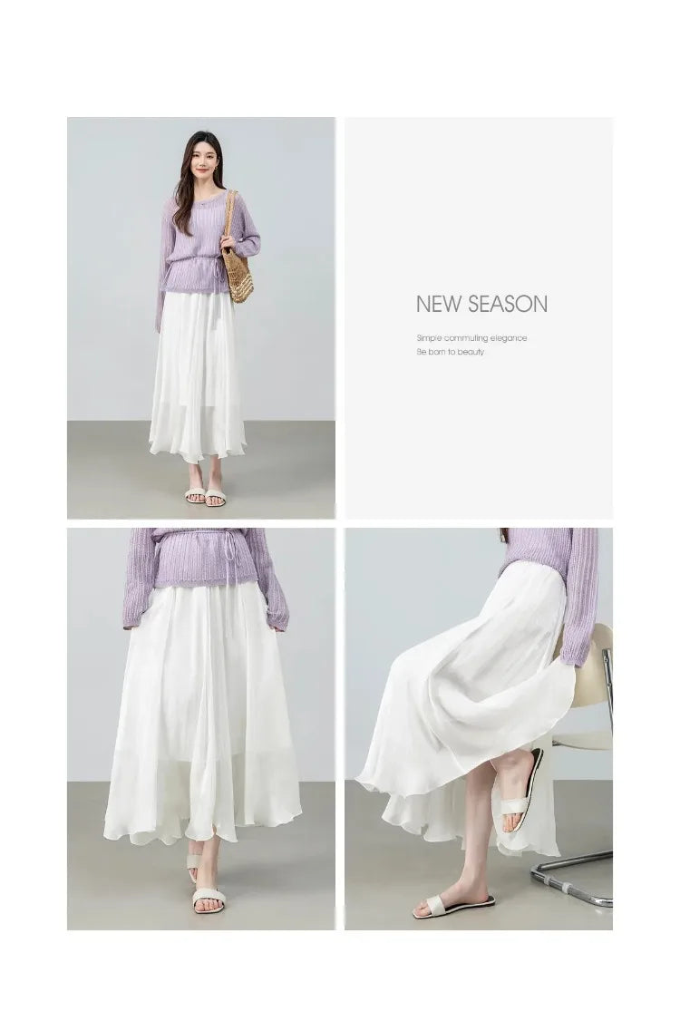 Women's Gray Elegant Skirt 2026 Summer Elastic Waist Sheen Flowy A Line Long Skirt for Woman Ladies Clothes 162QG4909
