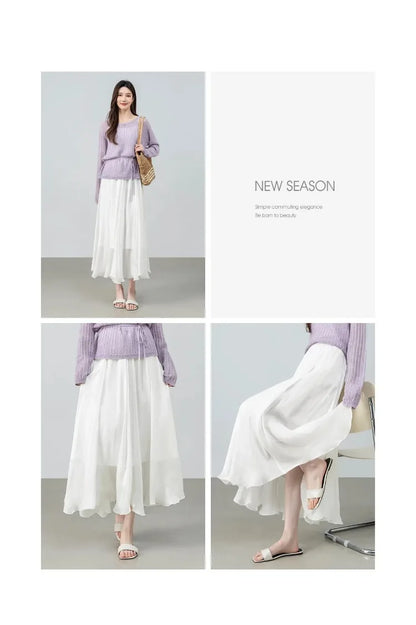 Women's Gray Elegant Skirt 2026 Summer Elastic Waist Sheen Flowy A Line Long Skirt for Woman Ladies Clothes 162QG4909