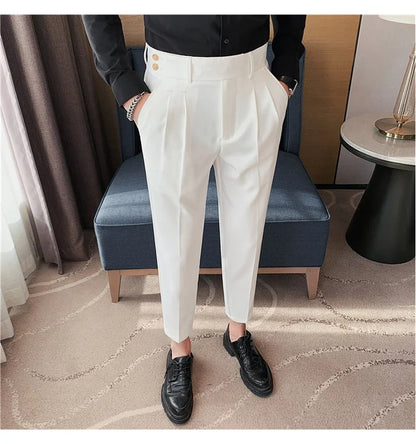 British Style Twill Pleat Design Naples High Waist Casual Trousers Fashion Man Slim Simple Social Party Suit Pant Plus Size 38