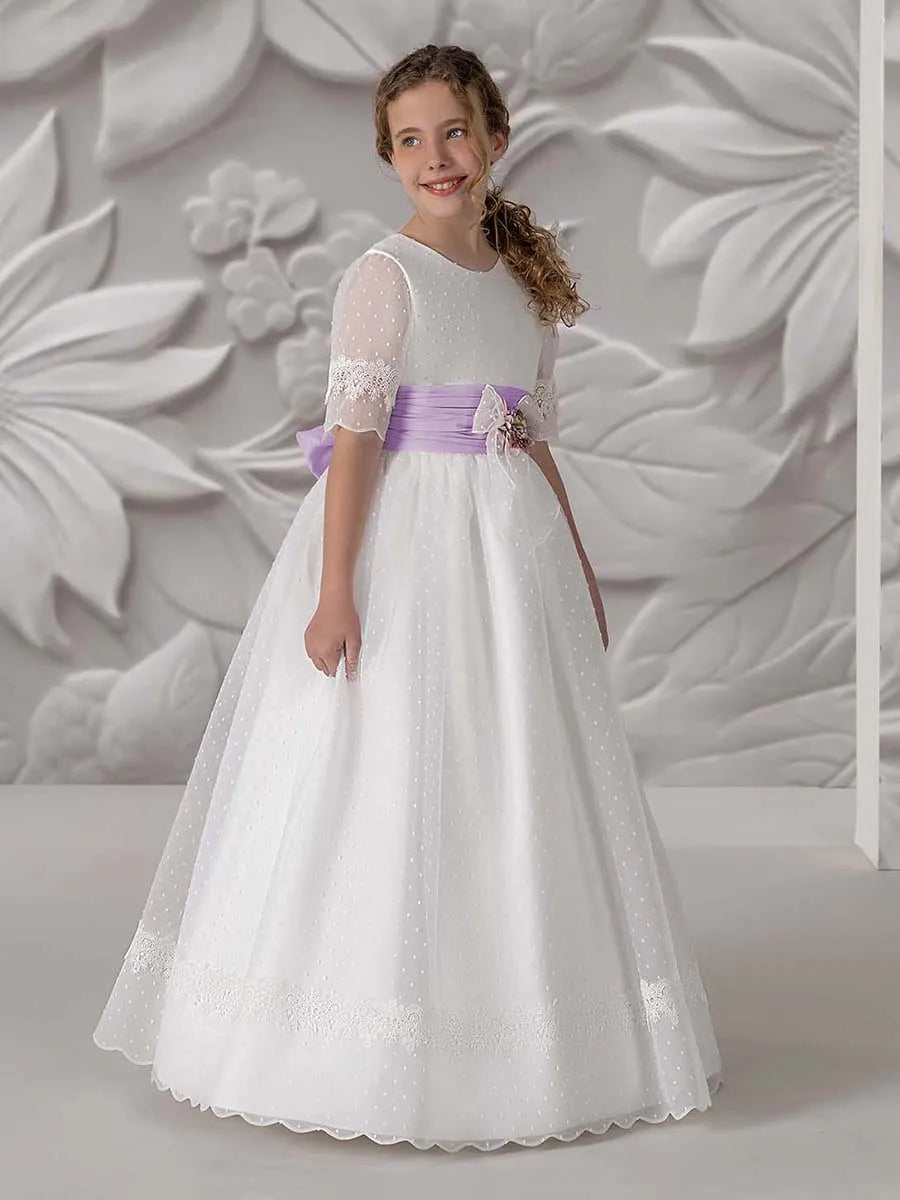 Elegant Girls Lace First Holy Communion Dress Round Neck Half Sleeve Flower Girl Dress with Sashes Custom Birthday Party Gown