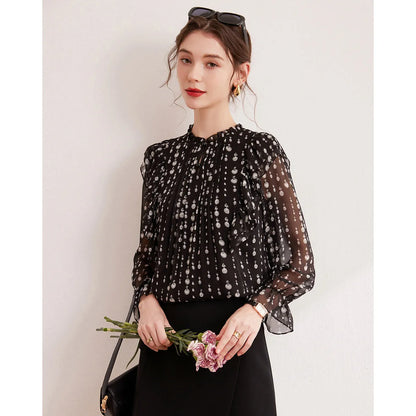 2024 Sweet Printed Stand up Collar Shirt Autumn Edition Gentle Bubble Sleeves Non Elastic Women's Shirt