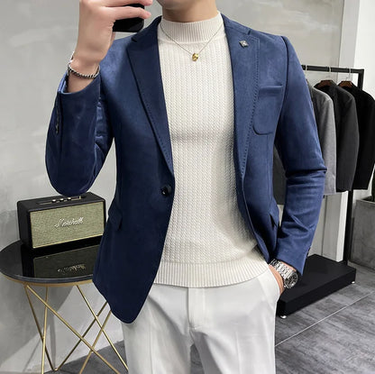Men's Deerskin Fleece Suit Jacket 2025 Spring New High Quality Single Button Slim Fit Business Casual Suit Coat  Men Clothing