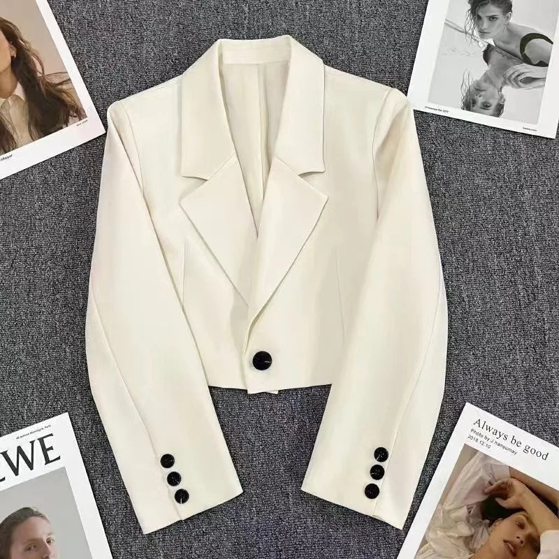 Autumn Solid Color Cropped Suit Jacket for Women Turn Down Collar Single Button Blazer Female Casual Office Lady Blazers Coat