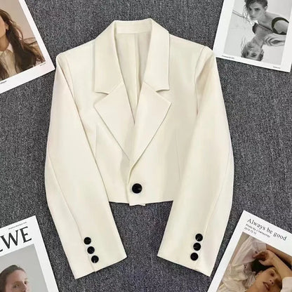 Autumn Solid Color Cropped Suit Jacket for Women Turn Down Collar Single Button Blazer Female Casual Office Lady Blazers Coat