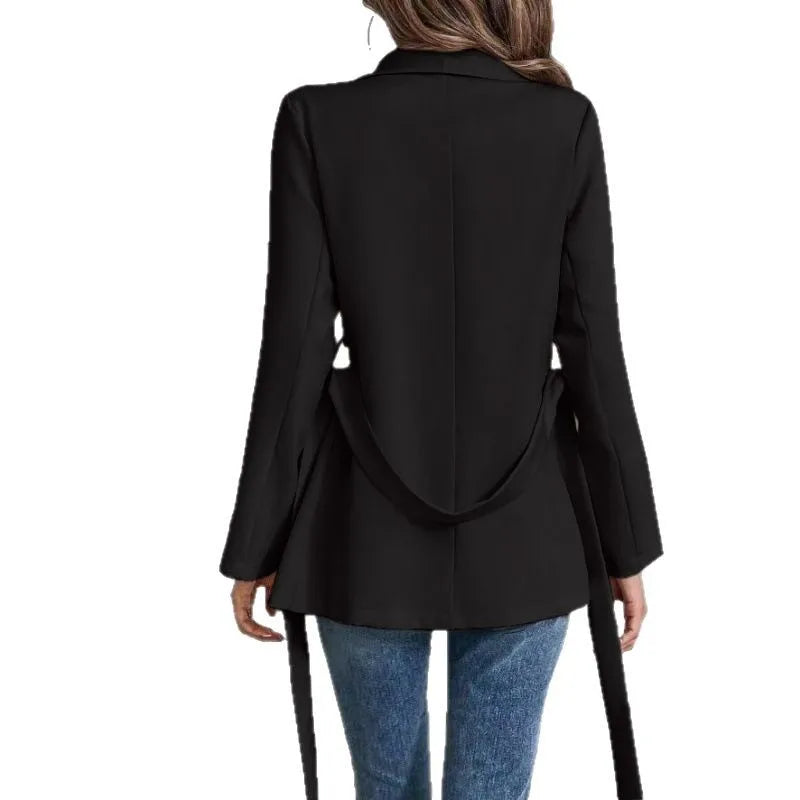 Fashionable Pure Color Long Sleeve Suit Jacket with Belt Waist Cinching Versatile Outerwear for Women Elegant Commute Style
