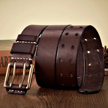 3.8cm Wide Retro Vintage Men's Belt Cowhide Genuine Leather Belt Copper Double Needle Buckle Handmade Cowboy Jeans Belt