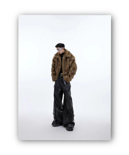 Winter Short Thick Warm Brown Hairy Soft Faux Fur Coat Men with Turn-down Collar Long Sleeve Fluffy Jackets 2024