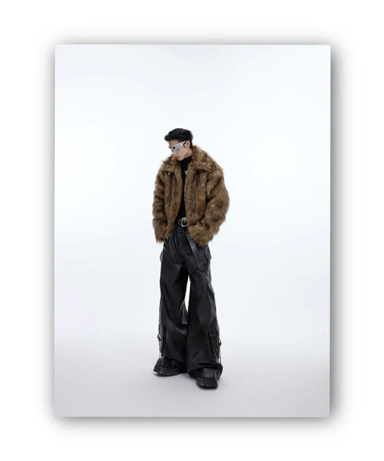 Winter Short Thick Warm Brown Hairy Soft Faux Fur Coat Men with Turn-down Collar Long Sleeve Fluffy Jackets 2024