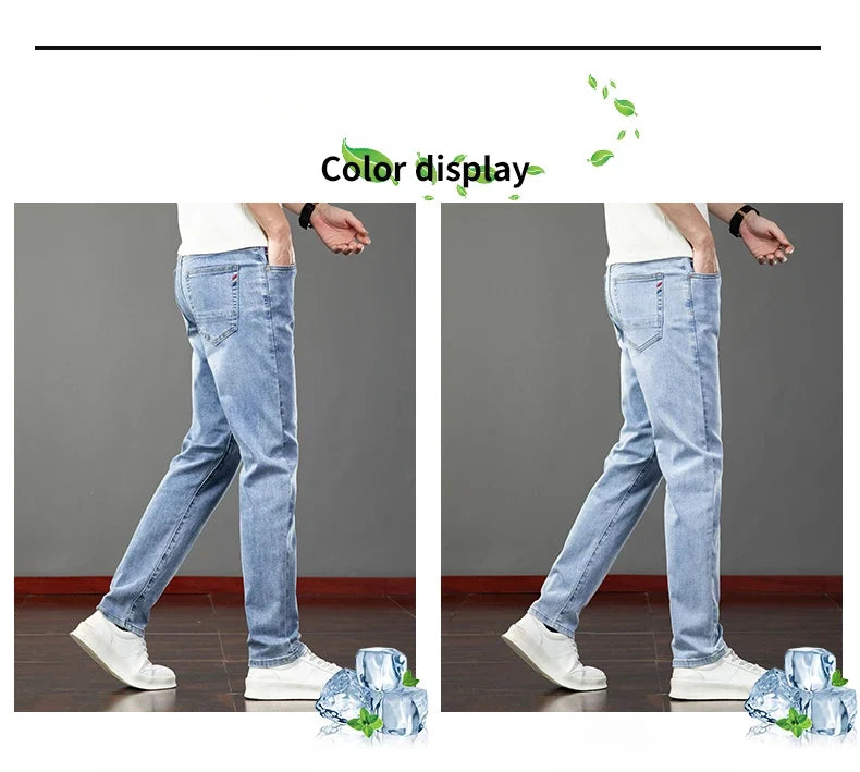 Spring Summer Thin Men's Jeans Fashion Korean Elastic Slim Straight Business Casual Denim Pants Classic Washed Male Trousers