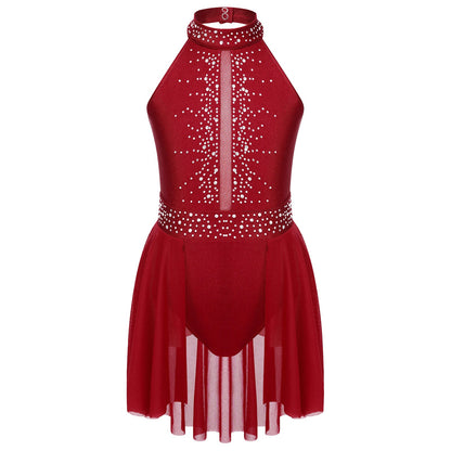 Kids Girls Gymnastics Figure Skating Ballet Lyrical Dance Costume Dress Side Split Sheer Mesh Ruched Glittery Rhinestones Dress