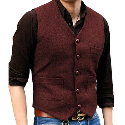 Men Vest Dark Green Herringbone Single Button V Neck With Pocket Waistcoat For Wedding Banquet Business Casual Work Men Suit