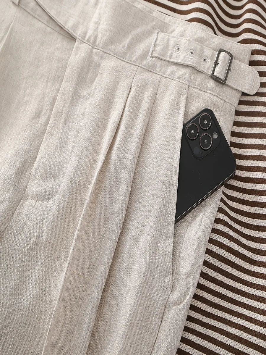 Men's 100% Linen Gurkha Pants - Italian Casual Style, Straight Leg, Relaxed Fit with Adjustable Waist, Old Money Aesthetic