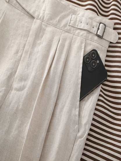 Men's 100% Linen Gurkha Pants - Italian Casual Style, Straight Leg, Relaxed Fit with Adjustable Waist, Old Money Aesthetic