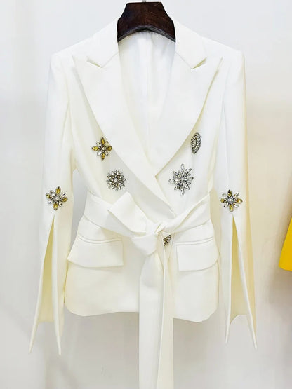 HIGH STREET Newest Fashion 2026 Designer Jacket Women's Slit Sleeve Rhinestone Diamonds Beading Belted Blazer