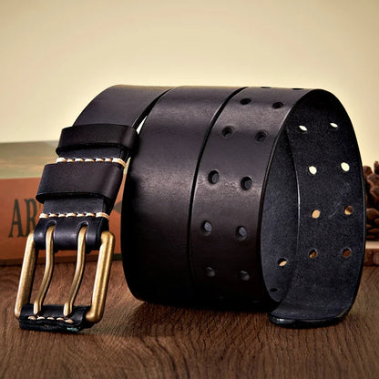 3.8cm Wide Retro Vintage Men's Belt Cowhide Genuine Leather Belt Copper Double Needle Buckle Handmade Cowboy Jeans Belt