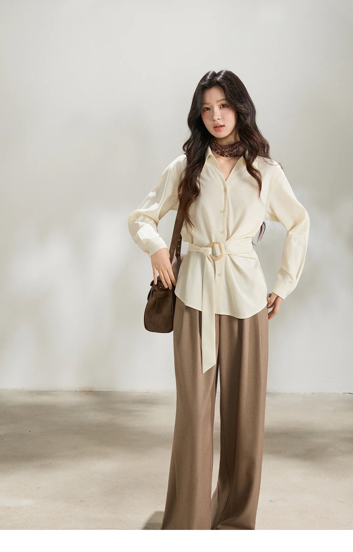 Women's Lapel Collar Long Sleeve Shirt 2026 Spring with Belted Waist Casual Loose Soft Beige Shirt Office Lady MXF13C2452