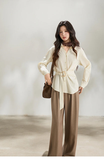 Women's Lapel Collar Long Sleeve Shirt 2026 Spring with Belted Waist Casual Loose Soft Beige Shirt Office Lady MXF13C2452
