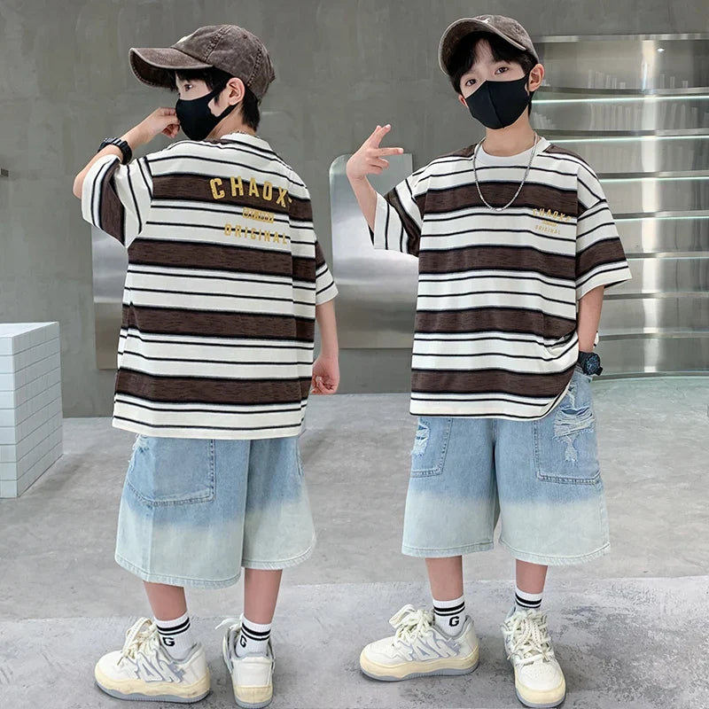 Luxury Summer Suit for Boy Short Sleeve Striped T-shirt + Denim Shorts 2 Pieces Clothing Set Kids Children Cotton Top Bottom Set