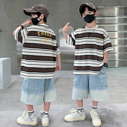 Luxury Summer Suit for Boy Short Sleeve Striped T-shirt + Denim Shorts 2 Pieces Clothing Set Kids Children Cotton Top Bottom Set
