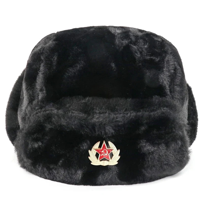 Winter Women Soviet Badge Bomber Hat Warm Faux Rabbit Fur Pilot Ushanka Windproof Thermal Earflap Hats For Men Ski Caps