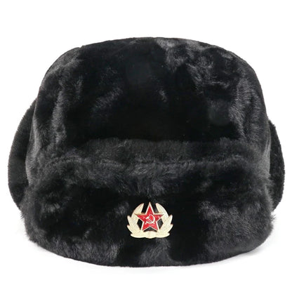 Winter Women Soviet Badge Bomber Hat Warm Faux Rabbit Fur Pilot Ushanka Windproof Thermal Earflap Hats For Men Ski Caps