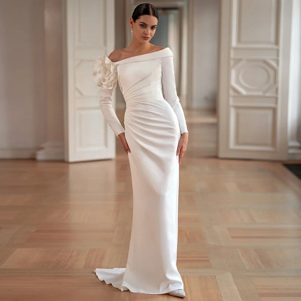 Modern Saudi Arabian Wedding Dress Customized Boat Neck Long Sleeves Flower Pleat Sweep Train Mermaid Bridal Gown Robe Mariee