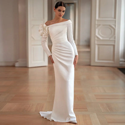 Modern Saudi Arabian Wedding Dress Customized Boat Neck Long Sleeves Flower Pleat Sweep Train Mermaid Bridal Gown Robe Mariee