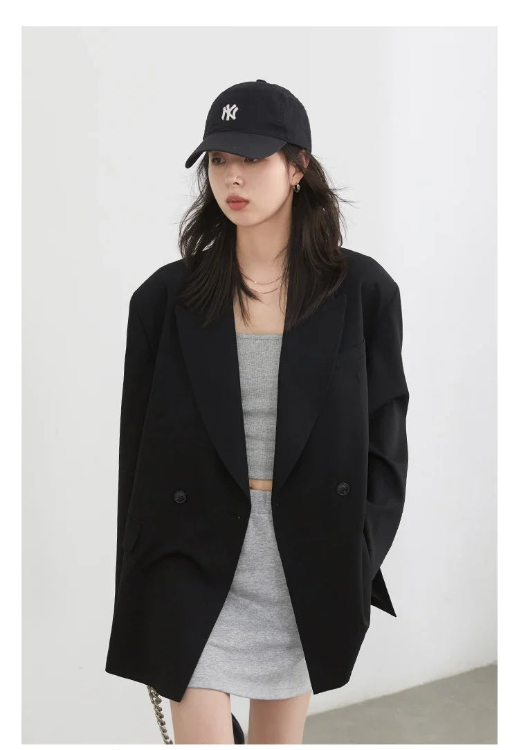 Women Blazers Solid Loose Double-breasted Wide Shoulder Office Ladies Suit Jacket Oversized Coat Spring Autumn 2026