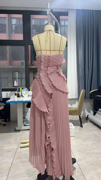Gown Neck Strap Irregular Long Dress For Women Ruffle Sleeveless High Waist Backless Dresses 2025 New Summer Elegant Party Y2k