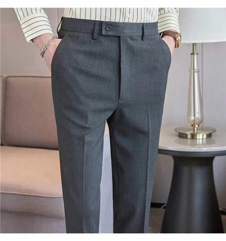British Style Pinstripe Slim Fit Suit Pant Men Business Casual Simple Dress Pants High Quality Social Wedding Party Trousers