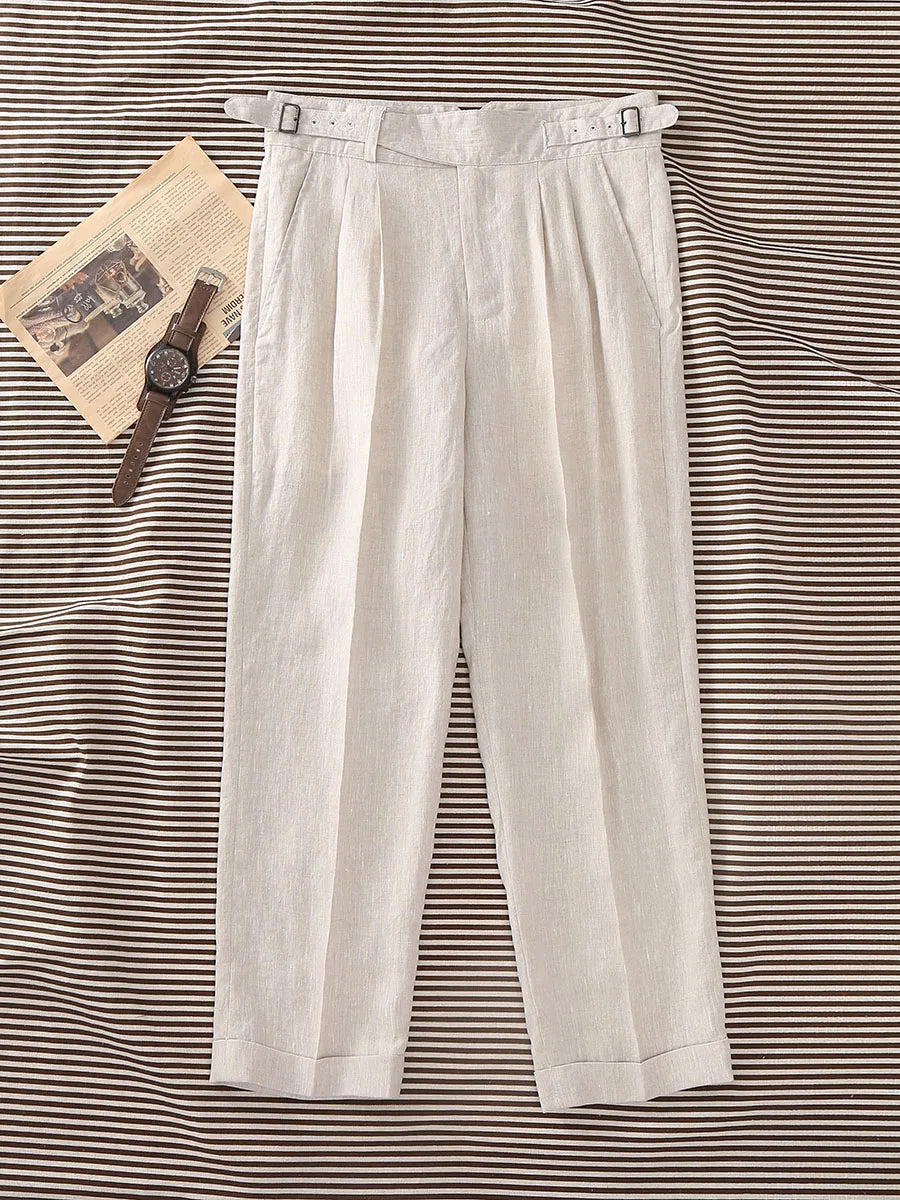 Men's 100% Linen Gurkha Pants - Italian Casual Style, Straight Leg, Relaxed Fit with Adjustable Waist, Old Money Aesthetic
