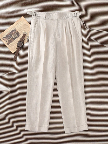Men's 100% Linen Gurkha Pants - Italian Casual Style, Straight Leg, Relaxed Fit with Adjustable Waist, Old Money Aesthetic