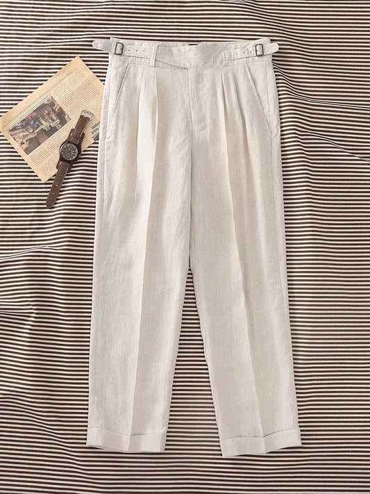 Men's 100% Linen Gurkha Pants - Italian Casual Style, Straight Leg, Relaxed Fit with Adjustable Waist, Old Money Aesthetic