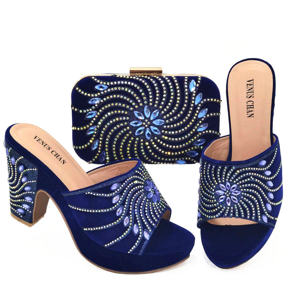 2023 The Latest Italian Design Rotary Rhine-Diamond Floral Thick Heel Platform Women's Comfortable Shoes Bag and Shoe Set