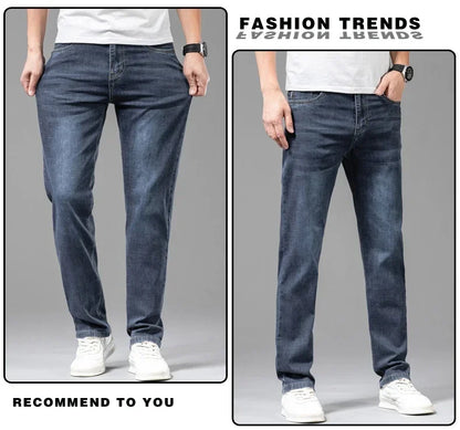 Summer Brand Men's Fit Straight Lightweight Cotton Stretch Jeans Business Casual High Waist Thin Light Grey Jeans mens pants
