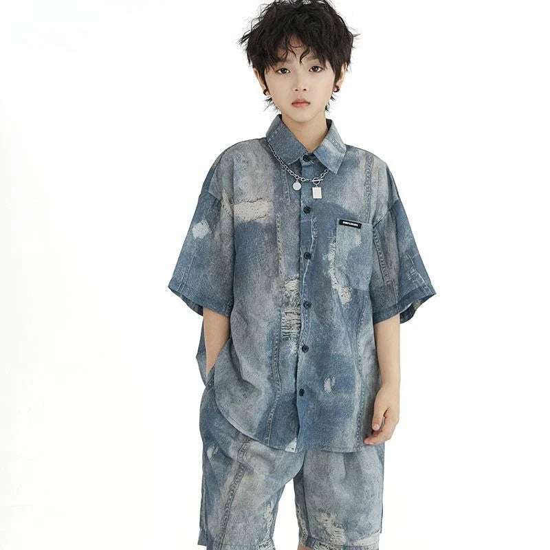 Imitation Denim Shirt Clothing Set Outdoor Summer Wear 2025 New Children's Home Cartoon Fashion From 4 Years Old Boy Outfit Top