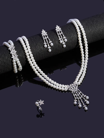 Trendy Pearl Tassel Necklace 4PCS Jewelry Set For Women Wedding Party Full Zircon Dubai Bridal Jewelry Set Gift