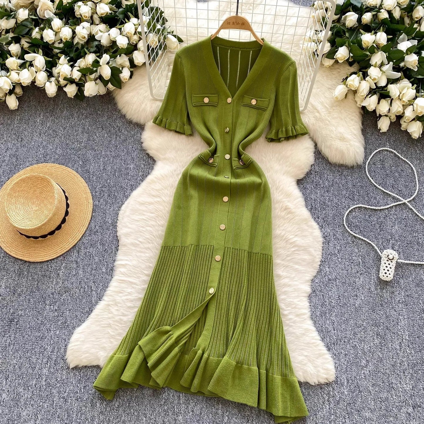 Brand Fashion Vintage Knitted Long Dress Spring Summer Women Elegant V-neck Ruffled Bodycon Sweater Dress Party Vestido