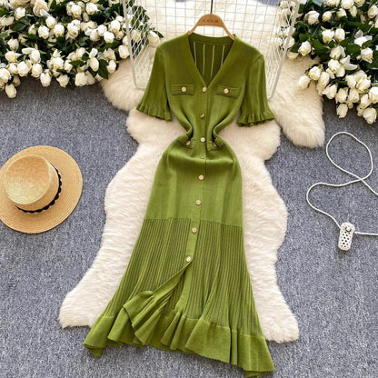 Brand Fashion Vintage Knitted Long Dress Spring Summer Women Elegant V-neck Ruffled Bodycon Sweater Dress Party Vestido