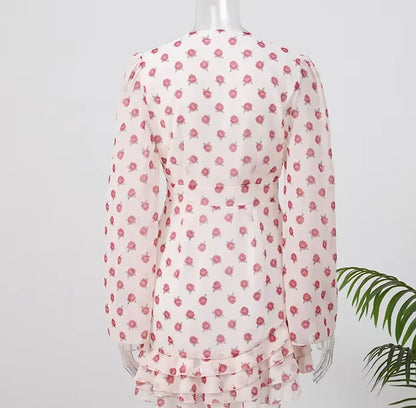 Women Floral Print Mini Dress V-neck Balloon Sleeve Keyhole Detail Tiered Ruffle Hem Dresses 2026 New Summer Holiday Party Gowns