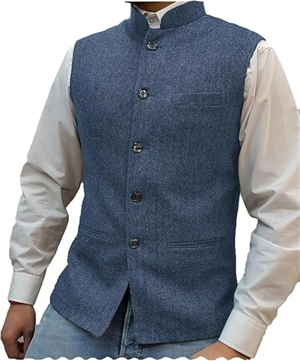 Mens Suit Tweed Vest Stand Collar Single Breasted Herringbone Sleeveless Waistcoat Casual Business Wedding Party Outerwear Gilet