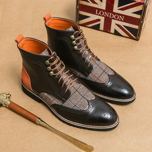 Retro Black Men's Leather Boots 2024 Quality Pointed-Toe Lace-up Men's Dress Boots Plus Size 48 Comfy High Top Men Brogue Shoes