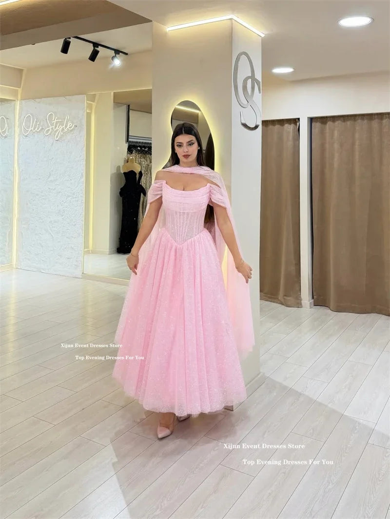 Xijun Glitter Pink Evening Dresses Off The Shoulder A-Line Ankle Length Prom Dresses Formal Ankle Length Prom Gowns Customized