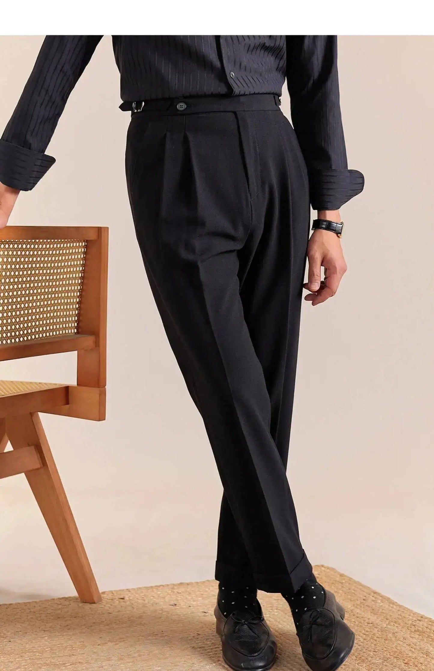 2025 New Italian Style Double Pleated Neapolitan Mens Formal Pants Casual Business Straight Leg High Waist Office Trousers Men