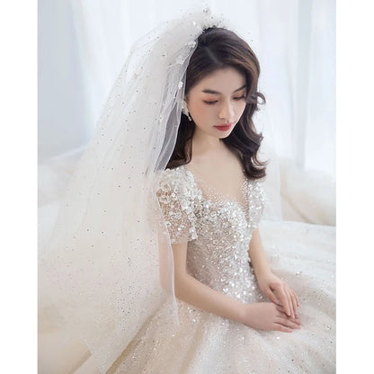 Luxury Short Sleeve Wedding Dress 2026 New Bridal Dress V Neck Beading Shinning Ball Gown Sweep Train Vestido  Noiva Customized