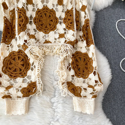 Hook Flower Hollow Out Tops Women Long Lantern Sleeves Tassels Vintage Bohemian Loose Beachwear Hotsweet Knit Blouse