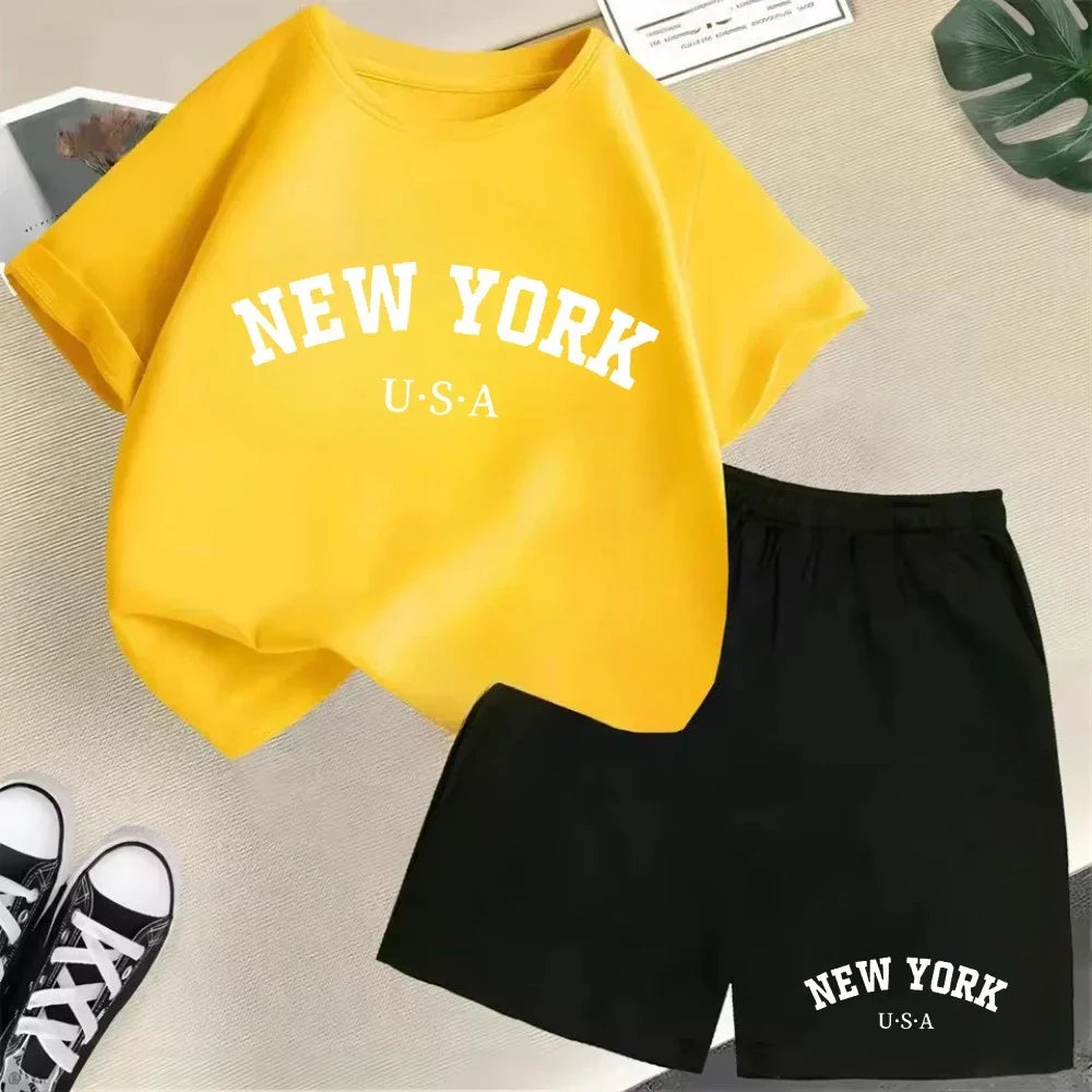 2026 New Kids Boys Girls New York Letter Pattern Cotton T-shirt+Shorts 2-Piece Set Casual Daily